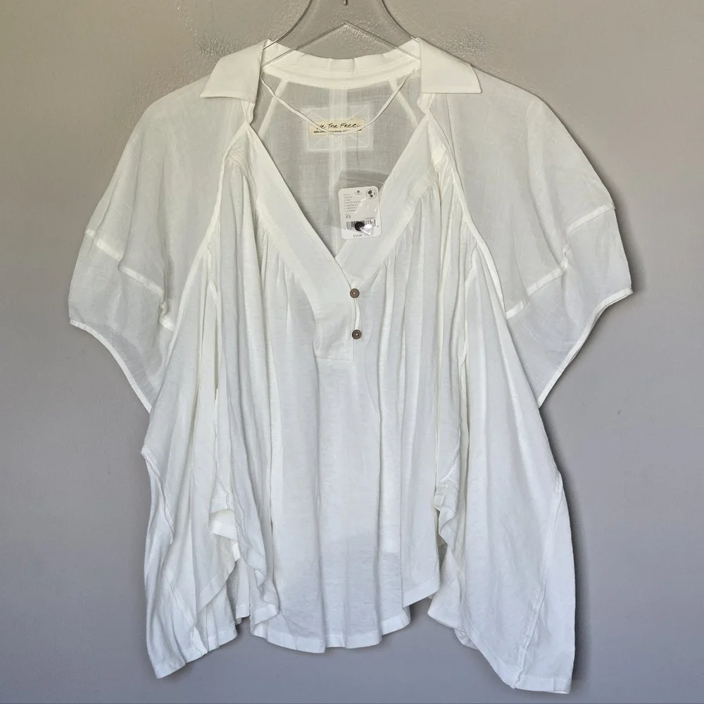NWT We the Free People Boho Sunray Babydoll White V-Neck Short Sleeve Womens Top
